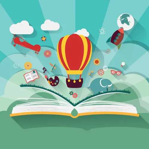 Ilustración sobre cuentos infantiles donde aparece un castillo, un libro, un caballero...
